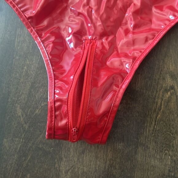 New Wet Look Patent Leather Red Bodysuit Zipper Catsuit Open Crotch Ling… - Picture 12 of 16